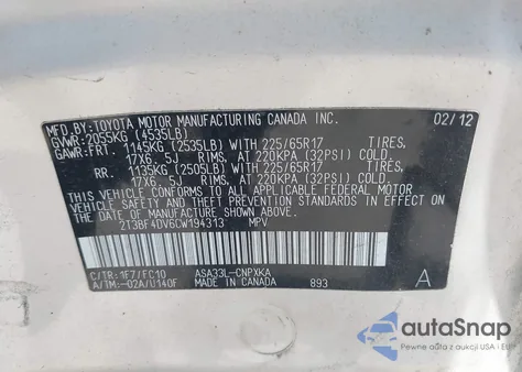 2012 Toyota Rav4 from USA, damaged, VIN 2T3BF4DV6CW194313